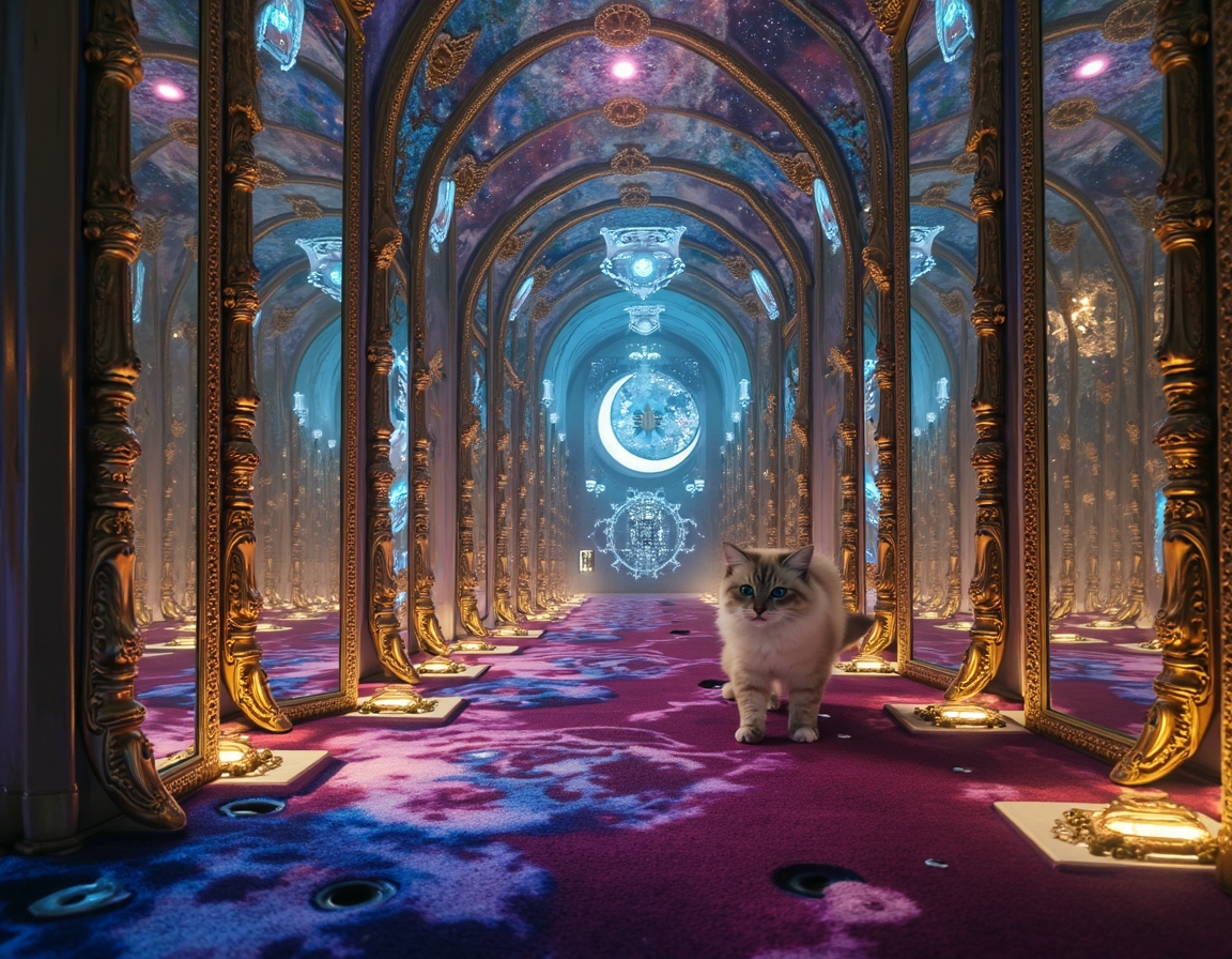 Cat navigates a maze where every surface is a magic-infused mirror, reflecting surreal visions and shifting illusions. Soft, colorful light accentuates each step, turning the labyrinth into a glittering puzzle filled with wonder and mystery.